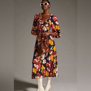 Maeve deep v ruched dark floral midi dress